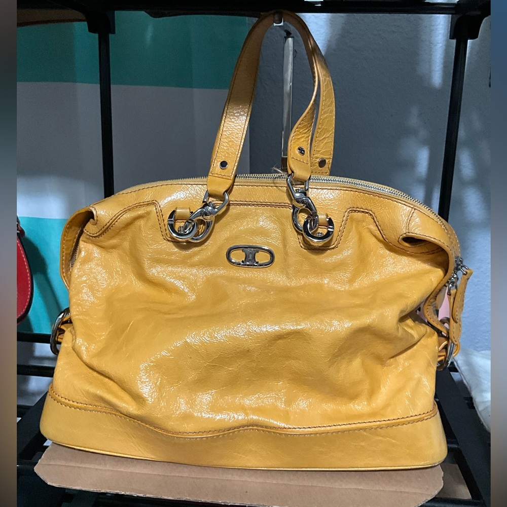 Celine Mustard Crinkled Glossy Leather Logo Satchel